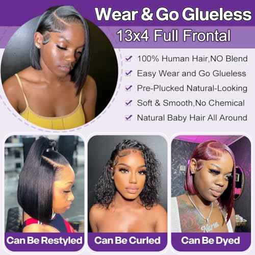 Bob Wig Human Hair 13x4 HD Lace Frontal Short Straight Lace Front Bob Wigs for Black Women Human Hair Pre Plucked Glueless Side Part 180% Density Black Color 12 Inch