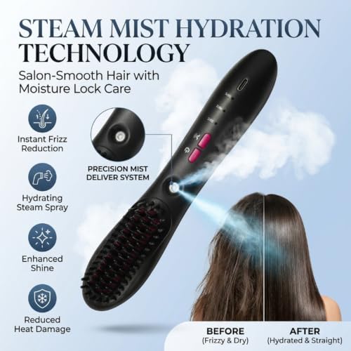 Cordless Hair Straightener Brush with Steam & 3 Temp Settings