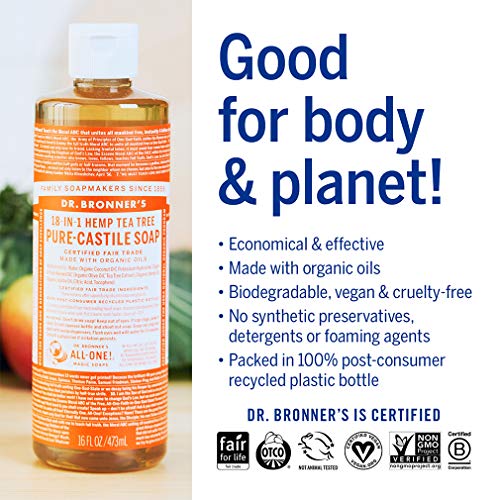 Dr. Bronner's - Pure-Castile Liquid Soap (Tea Tree, 16 ounce) - Made with Organic Oils, 18-in-1 Uses: Acne-Prone Skin, Dandruff, Laundry, Pets and Dishes, Concentrated, Vegan, Non-GMO