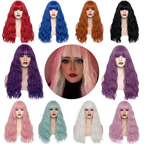 WGPFWIG Women's Blue Wig 22''Long Curly Wavy Wig Shoulder Length Flat Bangs Wig For Women Girl Cosplay Party Halloween Wig Cap Included (22''Blue)