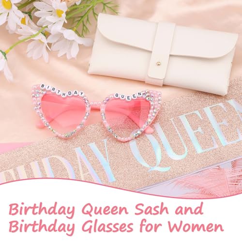 Birthday Queen Sash and Glasses Set for Women - Rose Gold