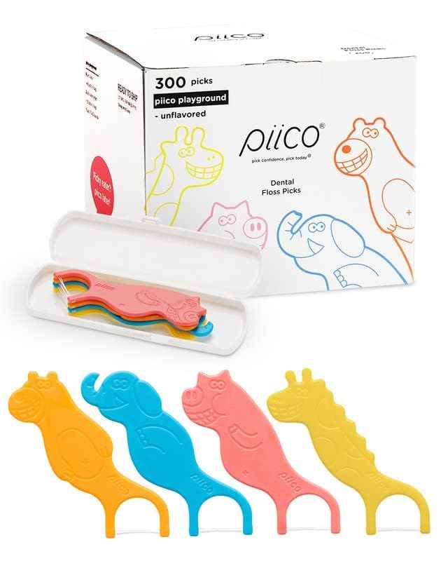 Piico Unflavored Kids Floss - No Fluoride Dual Line Dental Floss Picks - Fun Oral Care in Colorful Floss Sticks Design - Flossers Prevent Tooth Decay & Gum Disease - 300 Playground Zoo & Travel Case
