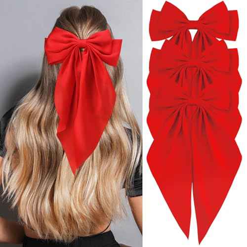 Velscrun Red Hair Bows for Women Girls, Silky Satin Large Coquette Bow Oversized Hair Ribbons Big Bows Clip, Long Tail Bowknot Hair Barrettes Halloween Christmas Hair Bow Accessories