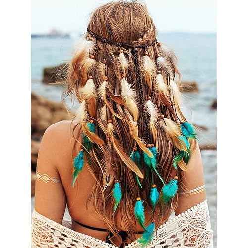GORTIN Boho Feather Headband Hippie Headpiece Black Gypsy Costume Headdress Indian Feather Headwear Hair Accessory for Women