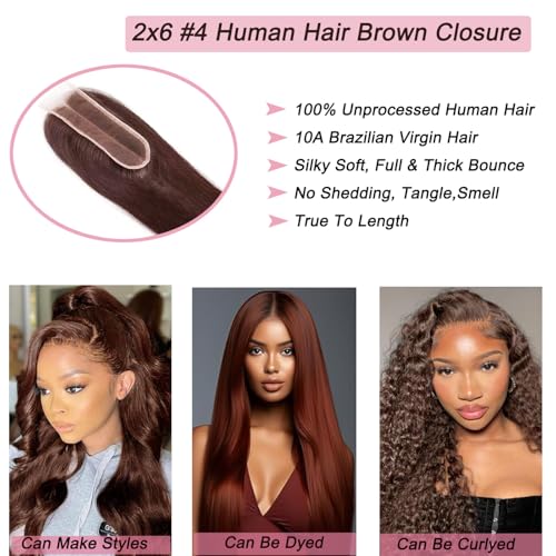 2x6 Lace Closure Human Hair 4# Chocolate Brown Transparent Lace Closure Straight Deep Middle Part 100% Raw Virgin Human Hair 150% Density 16 Inch
