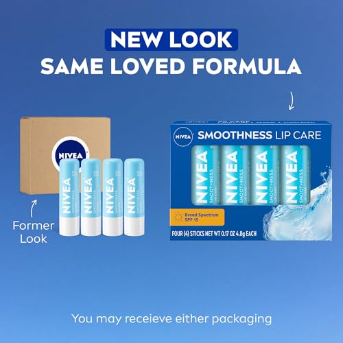 NIVEA Smoothness Lip Care, Sunscreen Lip Balm with SPF 15 Broad Spectrum, Shea Butter, Nourishing Oils and Vitamin C & E, 3-in-1 Moisture, Repair and Sunscreen, 0.17 Oz Stick, Pack of 4