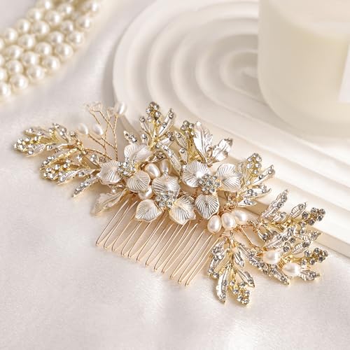 Gold Bridal Hair Comb with Pearls & Rhinestones