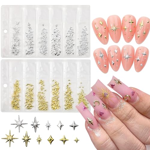 400Pcs Star Nail Charms for Nails Art 3D Gold Silver Star Nail Charms Metallic Studs Rhinestones Stars Nail Jewelry Decorations Manicure Kit Supplies Accessories for Women Acrylic Manicure Salon