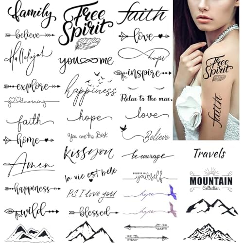 36 Designs Temporary Tattoos Faith Words Hope Love Happiness Letters Believe Fake Tattoos for Women Girls Men Adults