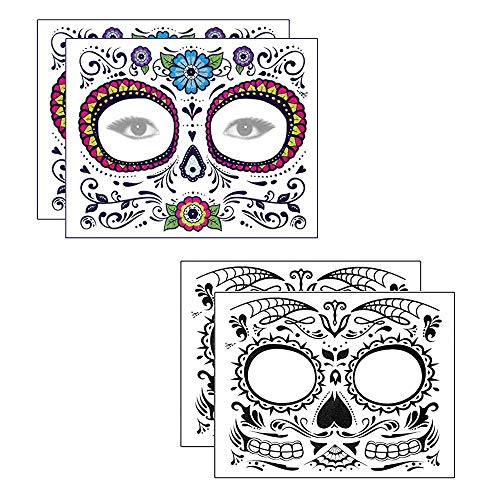 Halloween Face Tattoo Day of the Dead Tattoos Sugar Skull Water Transfer Stickers(5 PACK) with Floral Red Rose Black Web Fake Face Mask Tattoo for Mexican Halloween Parties Favor Supplies, Masquerade