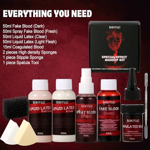 Bowitzki Fake Blood & Liquid Latex Kit,Pro SFX Makeup Set with 50ml Dark Fake Blood, 50ml Fresh Spray Blood, 2pcs Liquid Latex,Coagulated Blood, Sponge & Spatula for Halloween, Cosplay