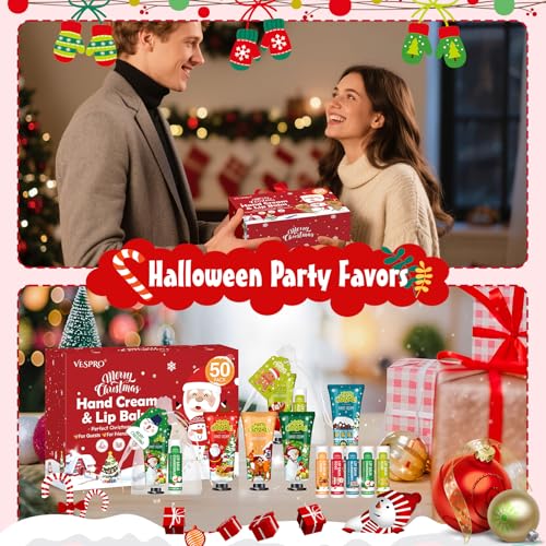 VESPRO 50 Pack Christmas Hand Cream and Lip Balm Gift Set, Bulk Christmas Gifts with Christmas Cards and Organza Bag, Christmas Decorations, Party Favors and Stocking Stuffers for Women