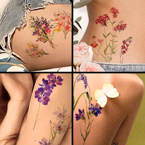 40 Sheets Watercolor Flower Temporary Tattoos for Women - Tiny Wildflower Fake Tattoo Stickers for Body Neck Hand