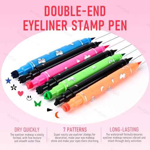 Ownest 7Pcs Colorful Eyeliner Stamp, Eye Liners Face Stamp for Cosplay Makeup, Black Blue Red Pink Orange Star Flowers Heart Moon Triangle Butterfly Smile Stamps Eyeliner Set
