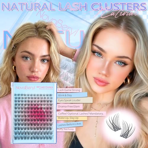 NovaBeryl Natural Wispy Clusters Eyelash Extensions 144pcs D-Curl 8-16mm - Invisible Band, DIY Lash Look