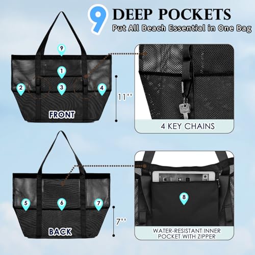 Fammart Large Mesh Beach Bag with Zipper Pocket for Family Travel
