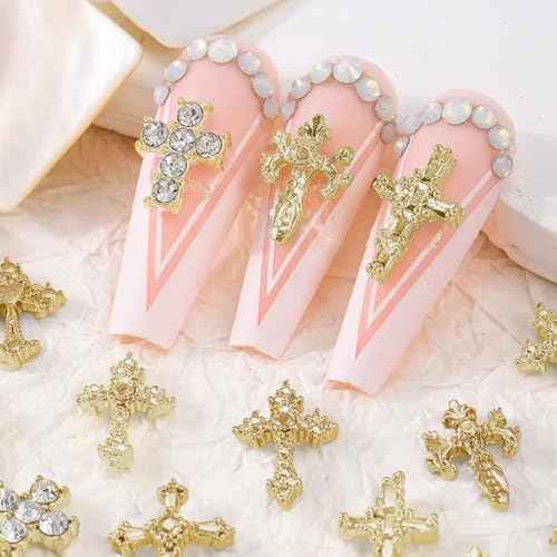 3D Cross Nail Charms for Nail Art, 60 Pcs Metal Crystal Cross Nail Decorations, Alloy Nail Studs and Rhinestones for Women Girl DIY Jewelry Crafts Supplies (Gold)