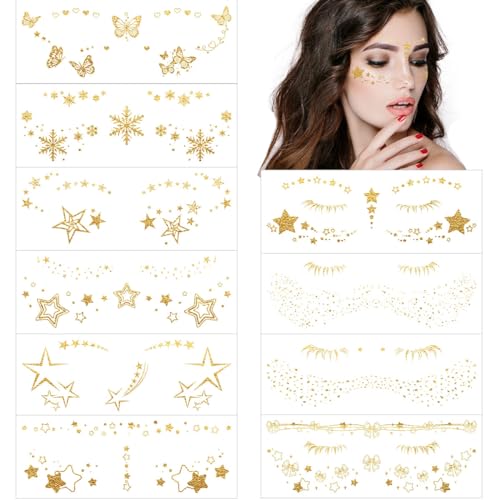 Glitter Face Tattoos Temporary Gold Metallic - 10 Sheets
