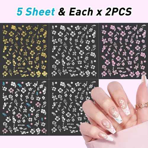 Flower Nail Stickers 10 Sheets Hibiscus Nail Decals White Pink Golden Clear Silver Decals Nail Art Decorations Nail Decals Nail Art Supplies Nail Designs for Women Manicure Tips