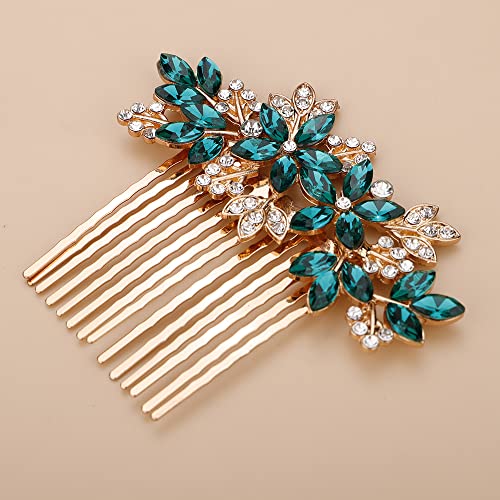 Teyglen Women Dainty Silver Gold Green Rhinestones Bridal Wedding Hair Comb Luxurious Shiny Red Blue Rhinestones Side Hair Accessories for Brides and Girls