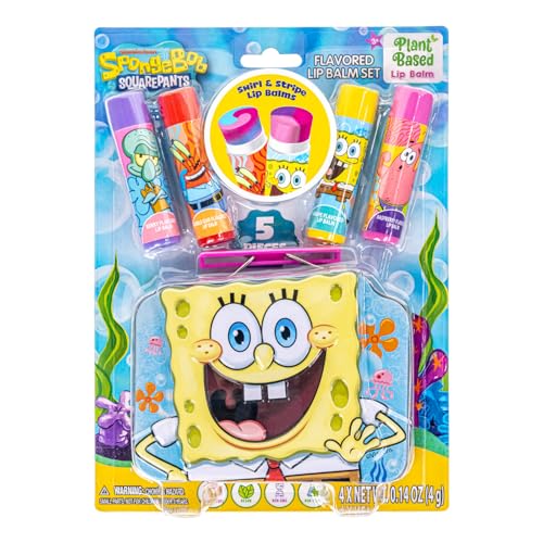 Spongebob Squarepants 4PK Plant-Based, Fruity Scented Lip Balm, & 1 Tin, Colorful Hydrating Mosturizor Swirl Lip Balm Set for Kids, by Townley Girl