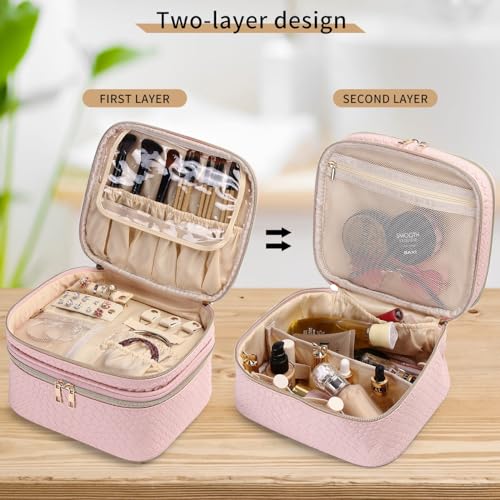 Large Makeup Bag for Women Double Layer Cosmetic Bag with Jewelry Organizer Compartment Waterproof Travel Toiletry Bag (B/Pink)