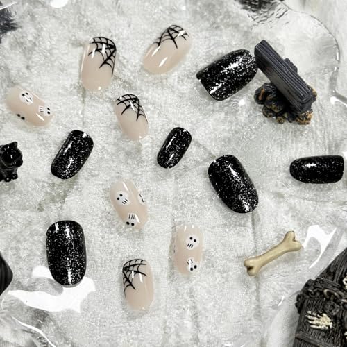 Black Press on Nails Short Almond Fake Nails, Halloween Press on Nails Skull with Designs Halloween Glue on Nails Full Cover False Nails Halloween Nails for Women 24Pcs