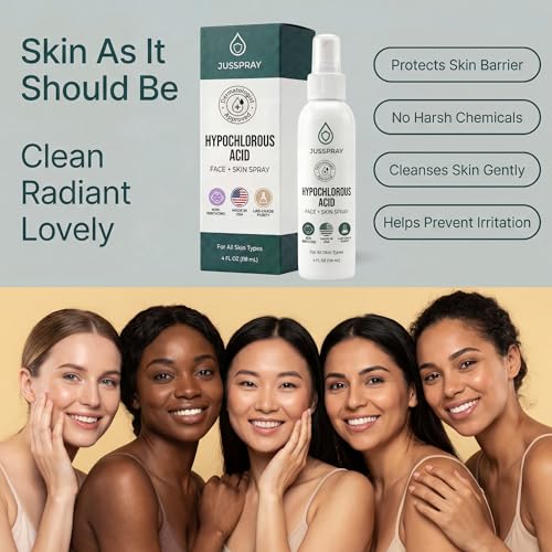 Jusspray¢â Hypochlorous Acid Spray for Face and Skin | HOCI Facial Cleanser Mist | 4 oz Hypochlorous Acid for Face, Skin, Acne, Eczema, Body Acne Sprays, Piercing Aftercare, Wound Solution