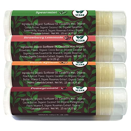 Vegan Lip Balm by Earth’s Daughter, Beeswax Free Lip Balm, Natural, Organic Flavors - 4 Pack of Assorted Flavors, Plant Based Vegan Chapstick, Lip Moisturizer