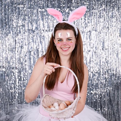 Konsait Bunny Ears Headband with Bunny Face Stickers Tattoos, Easter Bunny Ear Headband Rabbit Temporary Makeup Face Tattoos Rabbit Costume Accessories for Women Girls