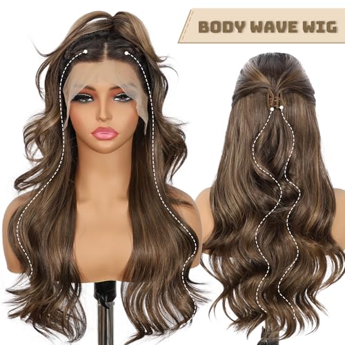 Brown Synthetic Lace Front Wig 13x4 Pre Plucked Highlight Body Wave Wigs for Women Heat Resistant Hair 22 Inch Daily Use