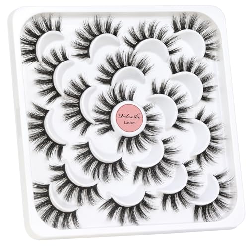 Veleasha Lashes Wispy False Lashes Strips Natural Fluffy Eyelashes 18mm 3D Fuax Mink False Eyelashes Soft Lightweight Strip Lashes Manga Fake Eyelashes 10 Pairs Pack (V07)