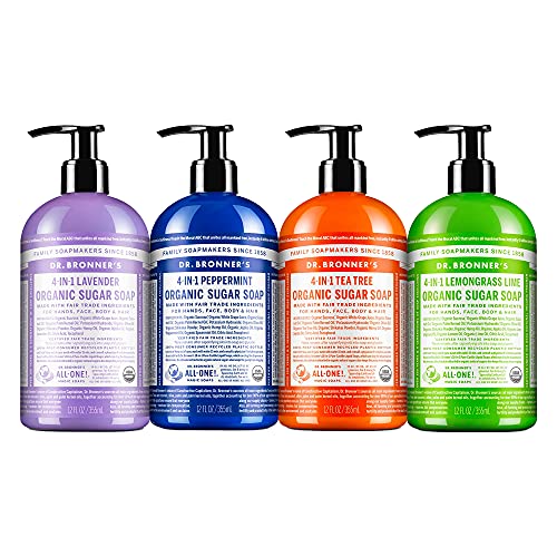 Dr. Bronner's Organic Sugar Soap 4-Pack - Lavender, Peppermint, Tea Tree & Lemongrass, 12 Fl Oz Each