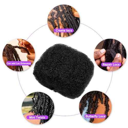 Tight Afro Kinky Bulk Human Hair for Dreadlock Extensions 100% Human Hair,120g 4 Packs 10 Inches Long,Natural Black #1B,Repair Extensions,Making Locs or Braids, with Needles and Hairpin