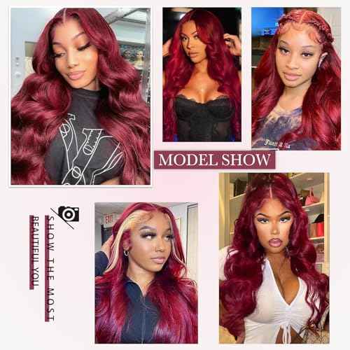 99J Burgundy Lace Front Wigs Human Hair 200% Density Glueless 13x4 Wine Red Body Wave HD Lace Front Wigs Human Hair Pre Plucked 24 inch