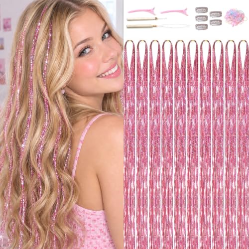 Rose Pink Fairy Hair Tinsel Kit 48 Inch Glitter Hair Extensions for Girls & Women
