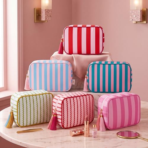 Kacctyen 6 Pack Striped Makeup Bags with Tassel - Travel Cosmetic Pouch