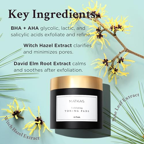 MATKAS Korean Exfoliating Witch Hazel Toning Pads - 60 pcs, Korean Skin Care Glycolic Acid Toner Pads, AHA BHA Gentle Face Exfoliator, Facial Acid Peel for Dark Spots, K Beauty Pore Minimizer for Face