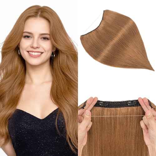 Halo Hair Extensions Real Human Hair, MY-LADY Adjustable Halo Extensions Real Human Hair, 16 inch Light Brown Women's Long Straight Hair Invisible Wire Hair Extensions