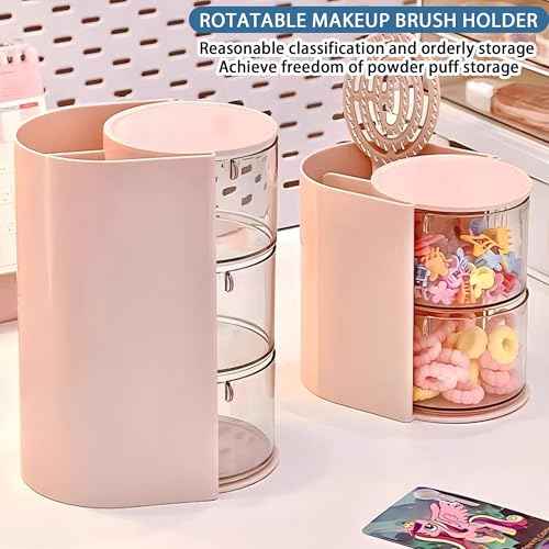 Hair Accessories Organizer with Hair Brush Holder, Rotatable Makeup Brush Holder for Necklaces, Earring, Bracelet, Ring, Makeup Brushes, Hair Clip and Hair Accessories (Pink, 3-Layer)