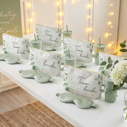 7 Pcs Team Bride Makeup Bags - Sage Green Canvas with Golden Zippers