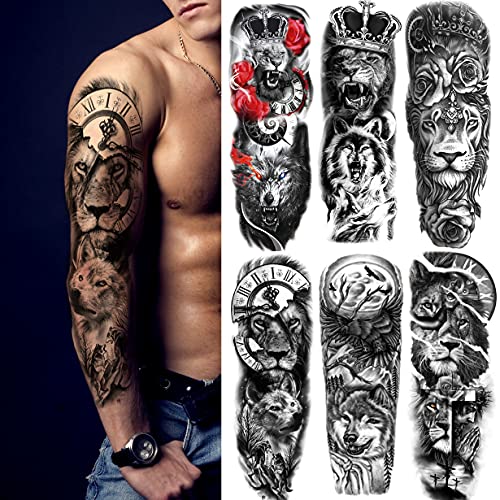 Lion Wolf Temporary Tattoo Sleeves - 6 Sheets Full Arm