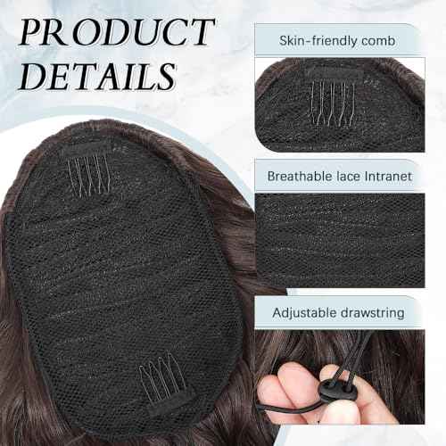 Drawstring Ponytail Extension 16 Inches Wavy Curly Ponytail Hair Extensions Synthetic Drawstring Pony Tails Hair Extensions for Daily Use(Mixed Brown)