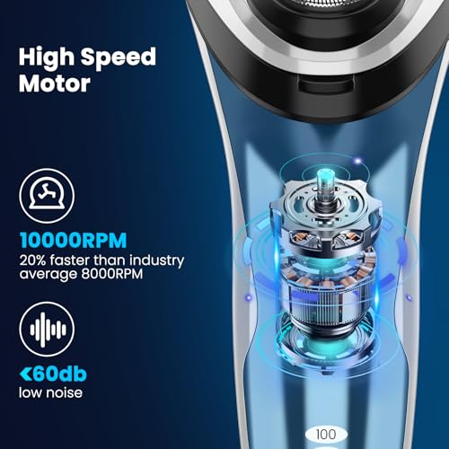 Waterproof Men¡¯s Electric Shaver with Travel Case, Powerful & Quiet, Type C Fast Charge (60min Charge, 120min Use), Precision Trimmer (Blue)