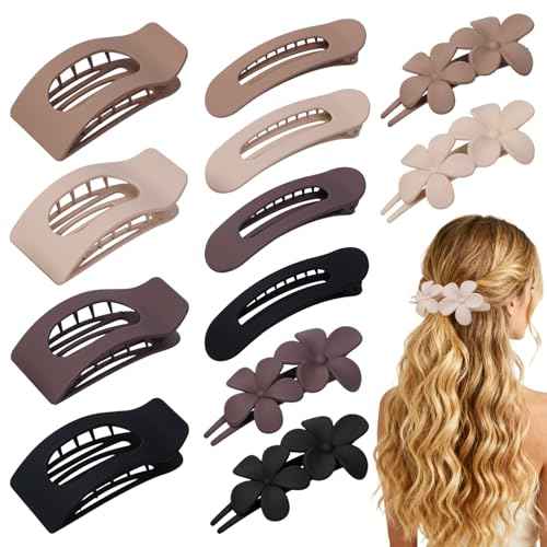 12 Pack Flat Hair Clips for Women ? Matte Neutral Square Claw Clips, Flat Barrettes & Flower Pins in Black, Blonde,Light Brown & Dark Brown, Soft Touch Hair Accessories for Thick & Thin Hair