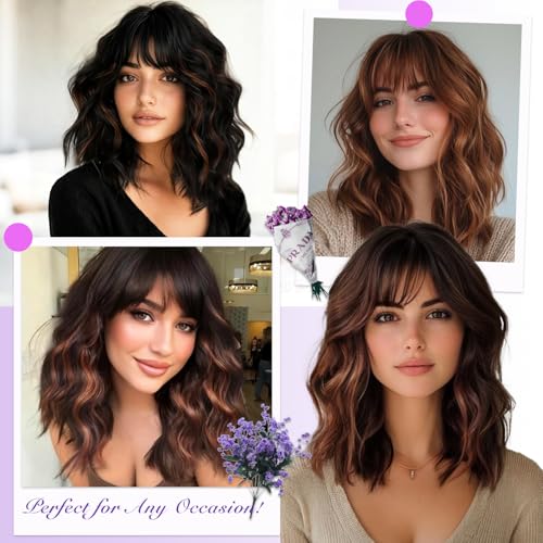 Short Wavy Wig with Bangs - 16in Brown Synthetic Hair