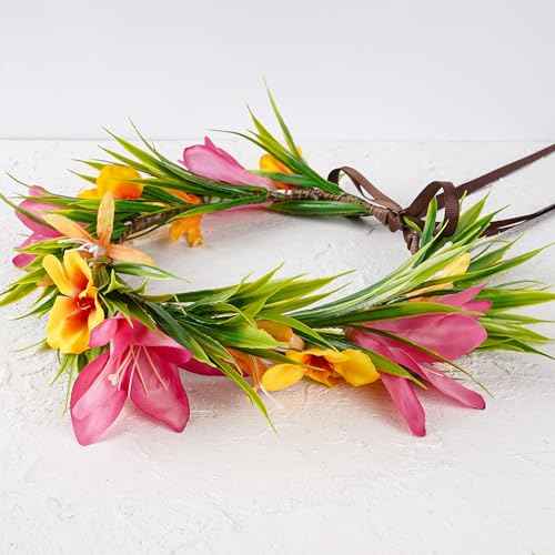 Hawaiian Leis Flower Crown - Artificial Tropical Flower Headpiece Hawaii Floral Headband with Ribbon Lei Luau Dress Up Hair Accessories for Luau Party Costume Beach Pool Vacation Decorations