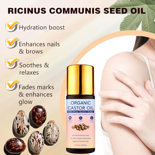 Organic Castor Oil Roll-On with Rose Quartz Roller, 100% Pure