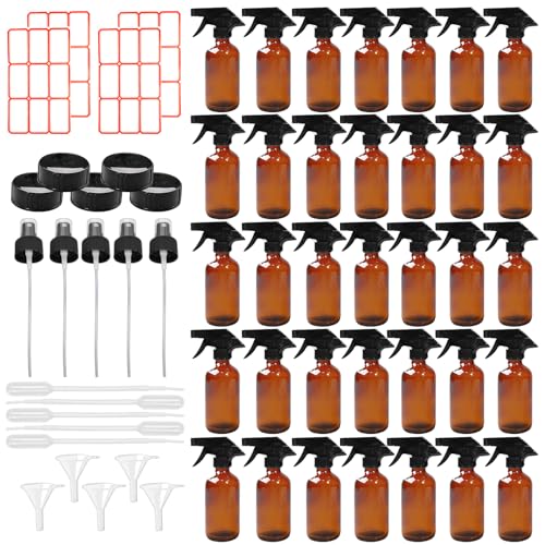 35 Pcs Glass Spray Bottles 8 oz Refillable Trigger Sprayers with Funnels for Essential Oil Cosmetic and Cleaning Solutions Containers with Labels, Droppers, and Spare Lids (Brown)