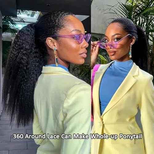 Kinky Straight Hidden Strap Invisi Drawstring 360 HD Full Lace Front Wigs Human Hair Pre Plucked Pre Cut Yaki 200 Density 360 Frontal Glueless Wigs Human Hair for Black Women 16 Inch